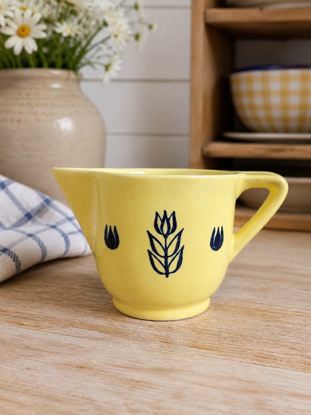 Vintage Cronin Pottery Yellow Tulip Creamer Blue Dutch Floral MCM USA